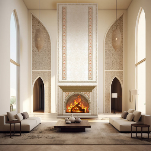 White stone fireplace with reflects