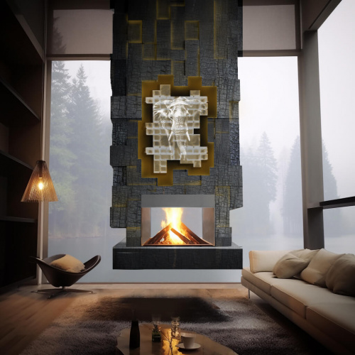 Burnt wood suspended fireplace