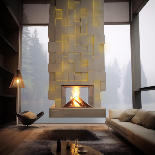 White stone suspended fireplace